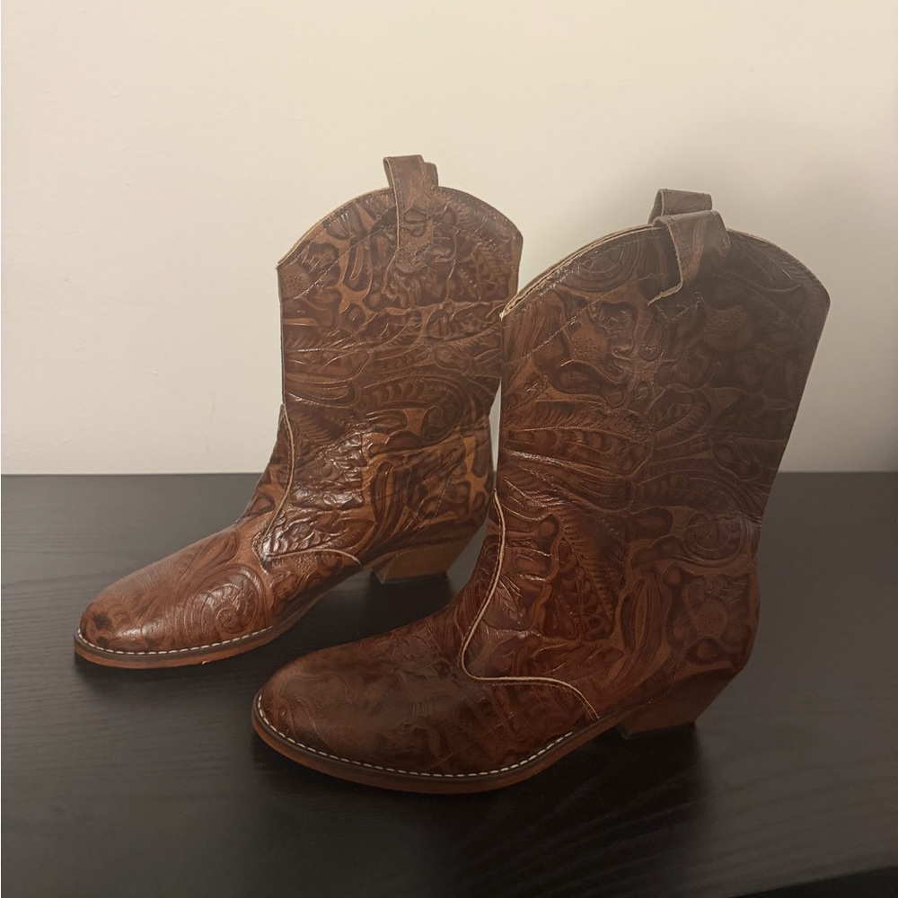Brown Embossed Ankle Boots